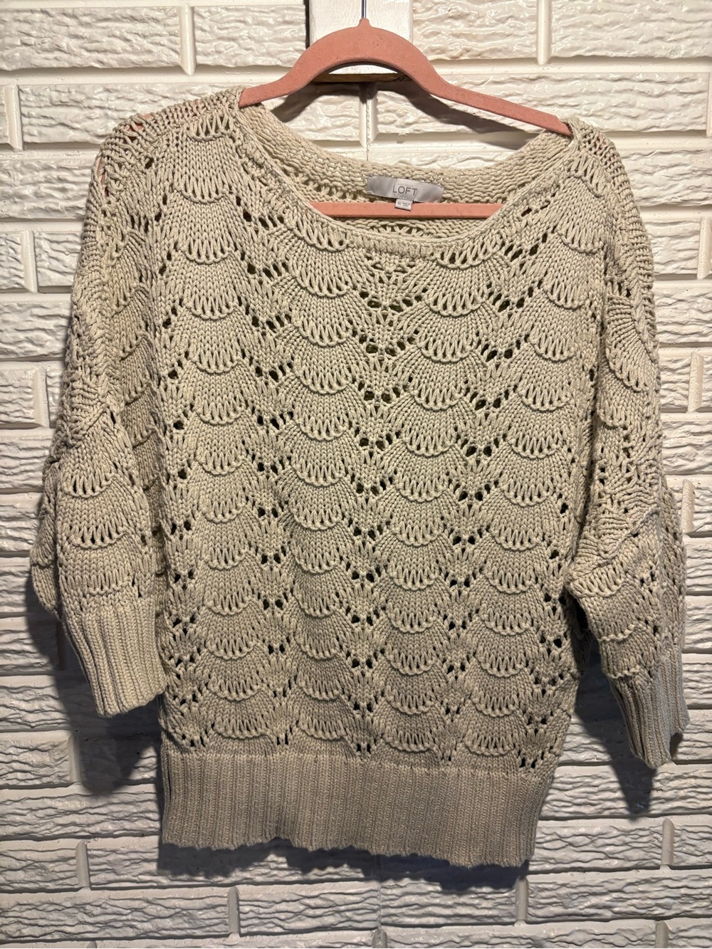 LOFT Light Cream/tan Open-Knit Scoop Neck Pullover